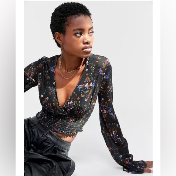 Urban Outfitters Tops - UO - Urban Outfitters Taran Smocked
Surplice Top. Black with pattern. Size small